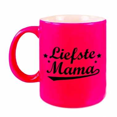 Liefste mama mok / beker neon roze voor moederdag/ verjaardag 330 ml
