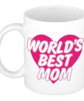 Worlds best mom kado mok beker wit met roze hart moederdag verjaardag